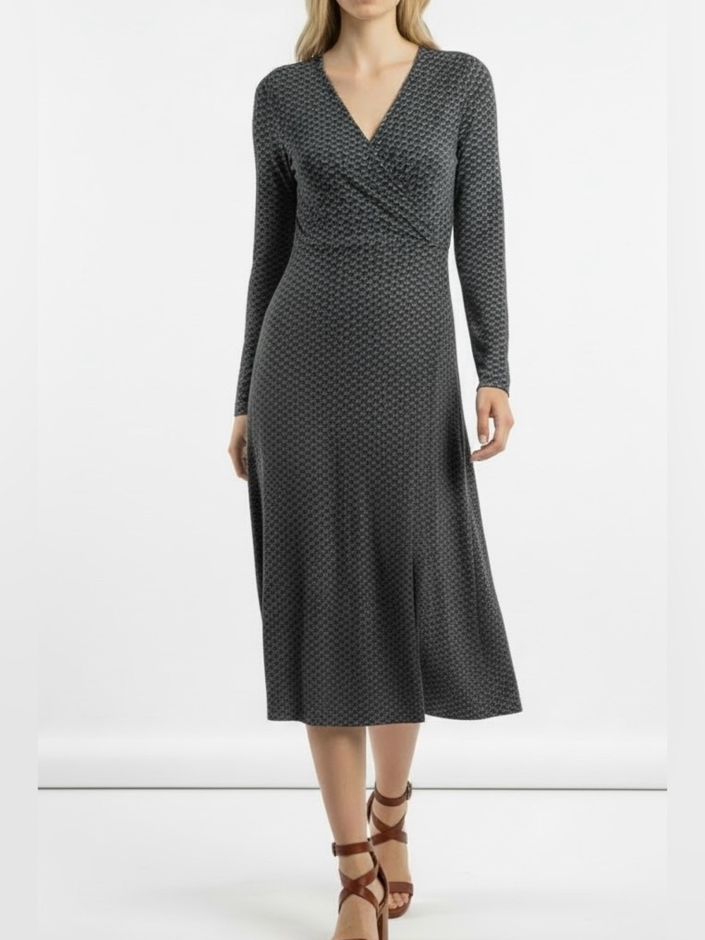 Mata Traders Charcoal Patterned Wrap-Style Midi Dress